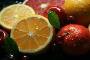 fruta texturas acima fechar com brilhante água gotas, uma cativante pano de fundo ai gerado foto