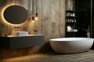 contemporâneo luxo banheiro com de madeira textura, suspensão lâmpadas, e elegância ai gerado foto