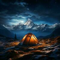 alpino noite acampamento barraca abaixo estrelas, cercado de imponente picos e tranquilidade para social meios de comunicação postar Tamanho ai gerado foto