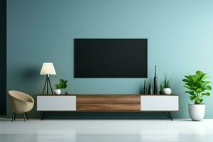 contemporâneo vivo espaço vitrines televisão em uma à moda gabinete, azul parede ai gerado foto