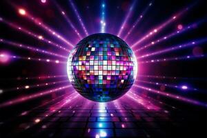 vibrante néon aceso fundo com uma 3d rendido brilhante discoteca bola ai gerado foto