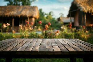 jardim Visão a esvaziar de madeira mesa contra uma borrado casa e jardim ai gerado foto