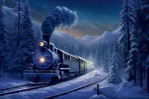 digital pintura do uma vapor locomotiva dentro a inverno floresta às pôr do sol ai gerado foto