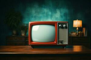 Eterno televisão uma vermelho vintage televisão enfeitando a ainda vida ai gerado foto