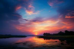 vibrante matizes adornar tranquilo pôr do sol paisagem, naturezas obra-prima ai gerado foto