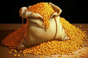 milho grãos retratado dentro uma realista desenho animado estilo, dentro uma saco ai gerado foto