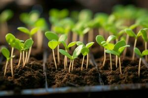 minúsculo plantas aguardam crescimento dentro a ordenadamente e eficiente plantio bandeja ai gerado foto