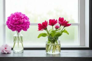 janela e flor em mesa borrado fundo. ai generativo pró foto