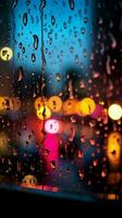 abstrato noite cena janela com colorida pingos de chuva, borrado cidade luzes vertical Móvel papel de parede ai gerado foto