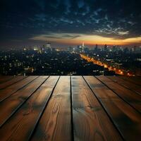 urbano horizonte de madeira mesa debaixo borrado noite céu, cidade edifícios suavemente iluminado para social meios de comunicação postar Tamanho ai gerado foto