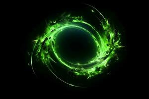 cósmico dança verde fogo cometa dentro circular movimento com brilhando luzes ai gerado foto