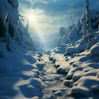 congeladas caminho Nevado pegadas contar conto do encosta escalar através frio terreno para social meios de comunicação postar Tamanho ai gerado foto
