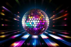 espetacular 3d discoteca bola iluminado de uma néon luz exibição ai gerado foto
