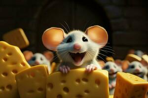 alegre roedor pequeno mouses sorrir dentro uma delicioso queijo desenho animado ai gerado foto