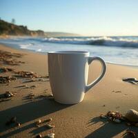 manhã de a ondas branco café copo com Preto Palha em de praia durante nascer do sol para social meios de comunicação postar Tamanho ai gerado foto