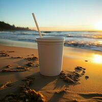 costeiro café felicidade branco xícara, Preto Palha em arenoso de praia às nascer do sol ou pôr do sol para social meios de comunicação postar Tamanho ai gerado foto