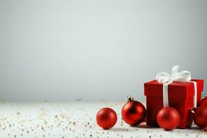 elegante Natal disposição com branco e vermelho elementos, espaço para texto ai gerado foto