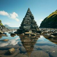 marítimo monumento mar costa pedras Formato uma pirâmide, ecoando antigo tradições de ondas para social meios de comunicação postar Tamanho ai gerado foto