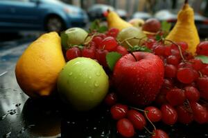 fresco frutas em uma chuva encharcado rua, capturado a partir de a elevado ângulo ai gerado foto