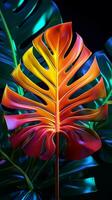 tropical monstera folha banhado dentro vibrante néon luz, uma 3d espetáculo vertical Móvel papel de parede ai gerado foto