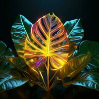 luminoso néon luz encontra tropical monstera folha dentro vibrante 3d para social meios de comunicação postar Tamanho ai gerado foto