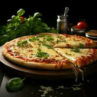 quente italiano pizza, queijo alongamento, coberto com quatro queijos e manjericão para social meios de comunicação postar Tamanho ai gerado foto