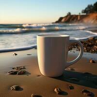 manhã de a ondas branco café copo com Preto Palha em de praia durante nascer do sol para social meios de comunicação postar Tamanho ai gerado foto