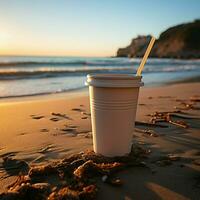 costeiro café felicidade branco xícara, Preto Palha em arenoso de praia às nascer do sol ou pôr do sol para social meios de comunicação postar Tamanho ai gerado foto