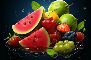 uma misturar do melancia, cerejas, uvas, e limão, usava Como jogos logotipo e 3d ícones ai gerado foto