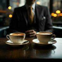 copo do quente café com pires em mesa, homem de negocios sentado para social meios de comunicação postar Tamanho ai gerado foto