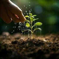 ciclo do natureza mão granulados solo em verde bokeh, plantio ou lembrança conceito para social meios de comunicação postar Tamanho ai gerado foto