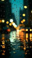 noite cidades luzes difuso através vidro, pingos de chuva criando uma sonhadores pano de fundo vertical Móvel papel de parede ai gerado foto