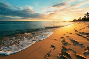 uma fechar acima do tranquilo tropical de praia às pôr do sol, inspirador relaxamento ai gerado foto