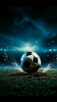 futebol debaixo a luzes, uma campo iluminado com brilhando holofotes vertical Móvel papel de parede ai gerado foto