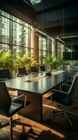 corporativo sala de reuniões características Preto mesa, Castanho cadeiras, e moderno tecnologia vertical Móvel papel de parede ai gerado foto