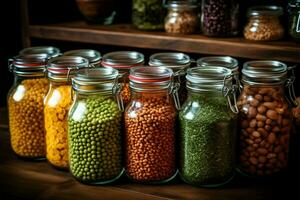 a sortimento do legumes e feijões, alguns seco e outras fresco, armazenado dentro vidro frascos ai gerado foto