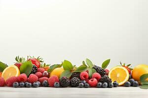 frutas e bagas em branco fundo. saudável Comida fundo. ai gerado foto