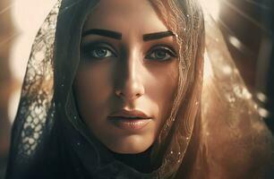 árabe mulher vestindo véu retrato. gerar ai foto