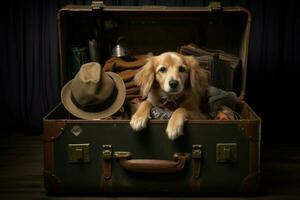 doméstico cachorro sentar às aberto mala. período de férias viagem foto