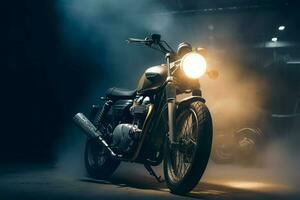 motociclista motocicleta noite rua com luz virar sobre. gerar ai foto