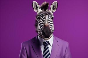 retrato do uma zebra dentro uma terno em uma roxa fundo ai gerado foto