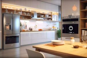 3d Renderização do uma moderno cozinha interior Projeto com Preto bancada ai gerado foto