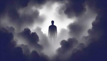 a ilustração retratando uma figura em pé no meio denso névoa, simbolizando a engolfando natureza do depressão e a luta para encontrar clareza. ai gerado foto