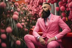 uma homem vestem Rosa terno dentro Rosa mundo ai generativo foto