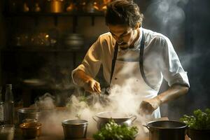 masculino chefe de cozinha cozinhando às restaurante ai generativo foto