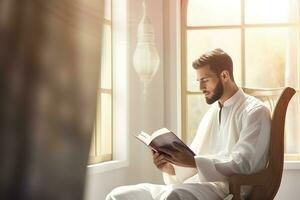 muçulmano homem ler uma livro ai generativo foto