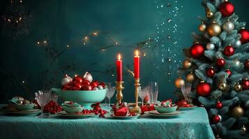 uma mesa com Natal lindo decorações e velas gerado de ai foto