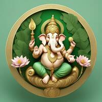 dourado-matel-murti-ganesh-inidan-deus-noite-bhind-e-almp-e-flor-dentro-de-lua-noite-forma ai ilustração do ganesha hindu Deus, com flores, óleo pintura ocupado acima para dentro paraíso, sentado dentro frente foto