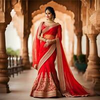 lindo indiano noiva dentro vermelho Lehenga olhando às a Câmera, tradicional indiano casamento, generativo ai foto