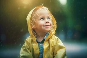 adorável loiro criança dentro amarelo capa de chuva. gerar ai foto